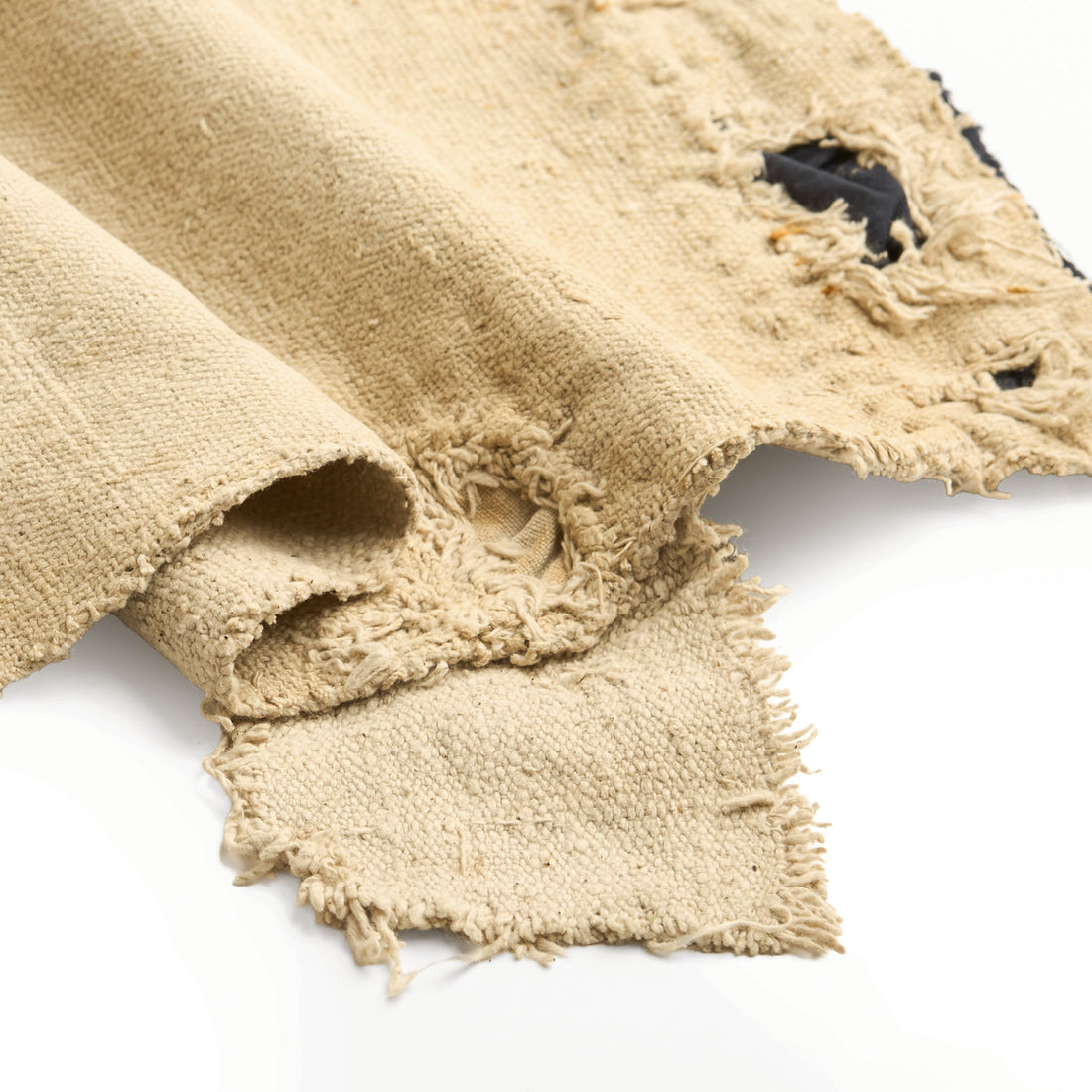 Vintage Patchwork Rice Sack Chabu detail of worn holes backed with indigo cloth