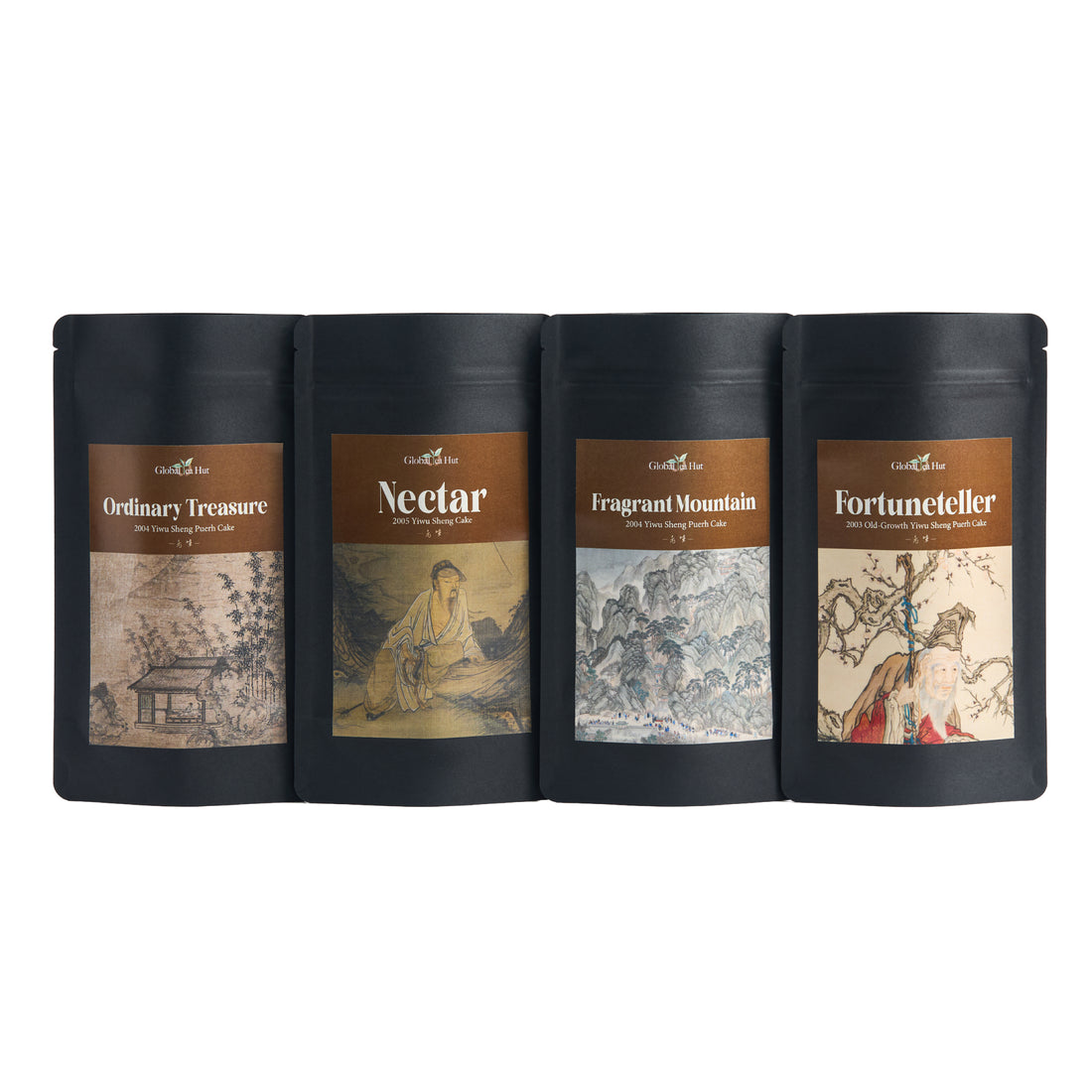 The teas of the Yiwu Set in their Global Tea Hut pouches