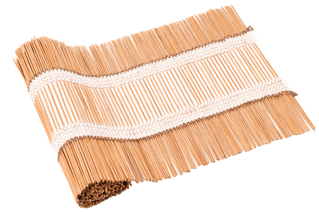 Beginnings, a handwoven bamboo and cotton chabu, laid out