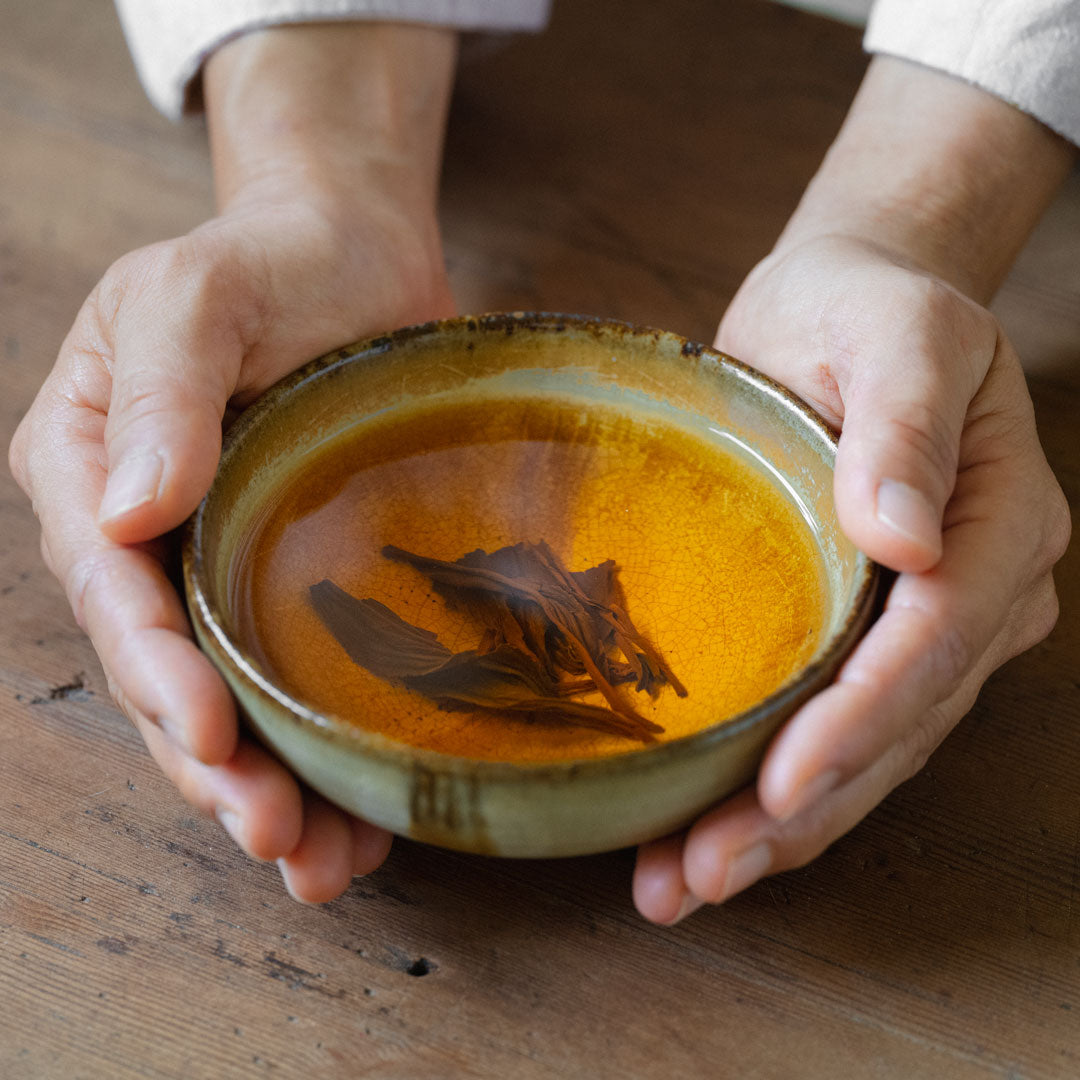 Hands cradling a bowl of amber tea with unfurled leaves