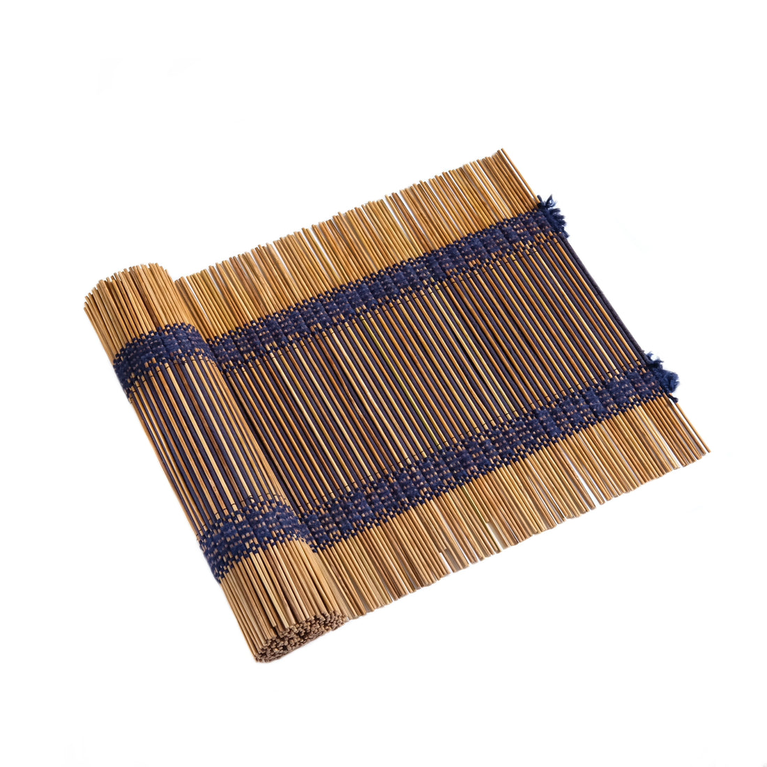 Indigo, a handwoven bamboo and cotton chabu, laid out