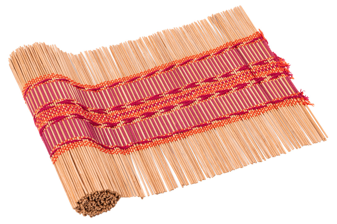 Phoenix Rising, a handwoven bamboo and cotton chabu, laid out
