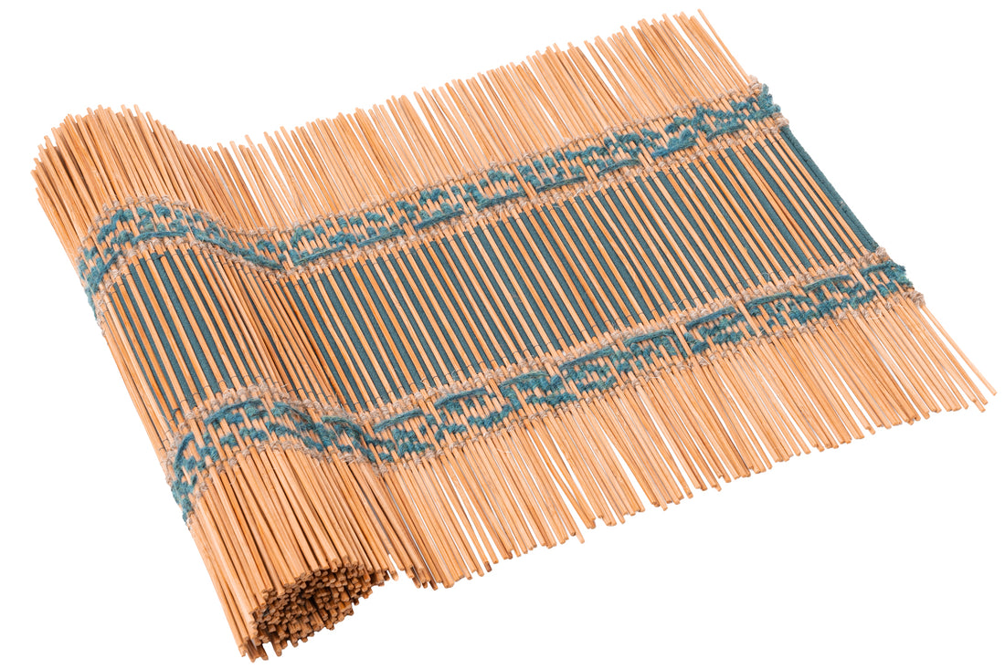 Verdant River, a handwoven bamboo and cotton chabu, laid out