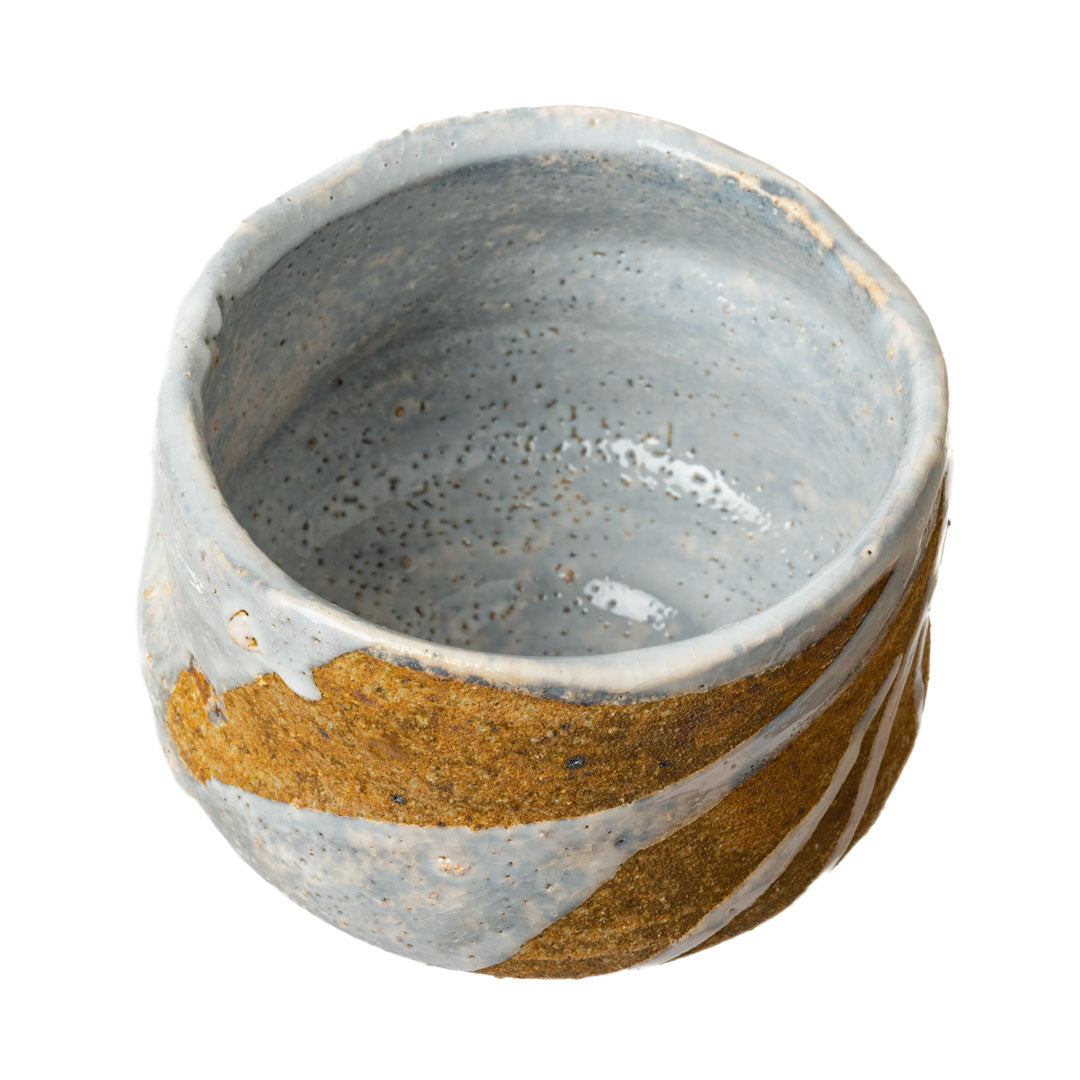 Winter Dawn chawan seen from above, its interior fully glazed in speckled pale blue-grey.